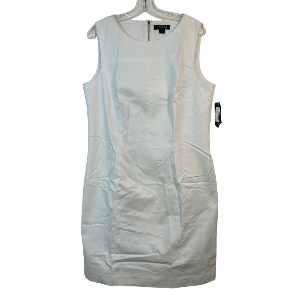Lauren Ralph Lauren White‎ Sleeveless Sheath Dress Gold Zipper Size 16